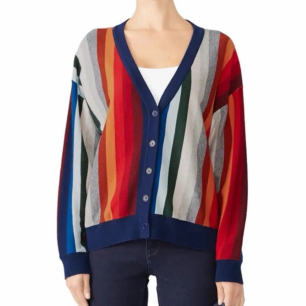 The Great Co-Ed Cardigan Sweater Rainbow Stripe Blue Red Wool V Neck 0 XS